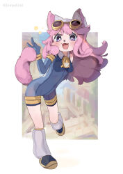  1girl :3 animal_ears armlet blue_jumpsuit blush bracelet breasts bright_pupils chocolat_gelato clothing_cutout cyber_connect_2 dog_ears dog_girl dog_tail female_focus full_body furry furry_female goggles goggles_on_head highres jewelry jumpsuit leaning_to_the_side little_tail_bronx long_hair looking_at_viewer loose_socks open_mouth pink_hair purple_eyes shoes short_jumpsuit shoulder_cutout small_breasts socks solatorobo solo standing standing_on_one_leg tail thighlet twitter_username unitedunti white_pupils 