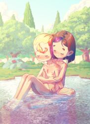  2girls absurdres barefoot blonde_hair blush brown_hair closed_eyes closed_mouth cloud collarbone commission completely_nude feet female_focus flat_chest full_body happy highres hug hug_from_behind knees_up lewlem loli making-of_available multicolored_hair multiple_girls nipples nude original outdoors paid_reward_available pink_hair ponytail short_hair sitting smile spread_legs streaked_hair thighs toes tree unworn_clothes water wet  rating:Explicit score:34 user:MonsieurCinq