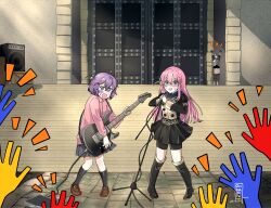  1boy 2girls absurdres alternate_costume armor arms_up bernadetta_von_varley bernadetta_von_varley_(cosplay) black_footwear black_socks bocchi_the_rock! boots commentary commission cosplay costume_switch crossover dated electric_guitar english_commentary fire_emblem fire_emblem:_three_houses garreg_mach_monastery_uniform gatekeeper_(fire_emblem) gotoh_hitori gotoh_hitori_(cosplay) green_eyes guitar hair_ornament helmet highres holding holding_instrument holding_microphone instrument jacket kagura_oni long_hair long_sleeves looking_at_viewer microphone microphone_stand multiple_girls music nintendo pink_hair pink_jacket playing_instrument pleated_skirt purple_hair short_hair signature skirt socks sweat track_jacket trait_connection uniform 