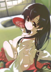 1girl ass blush bottomless bowl breasts brown_eyes brown_hair doku_momo from_behind hakama hakama_removed hakama_skirt highres holding iwato_kasumi japanese_clothes kimono large_breasts long_hair long_sleeves looking_at_viewer looking_back miko nipples open_clothes open_kimono pillow ponytail pouring red_hakama saki_(manga) sitting skirt smile water wet white_kimono wide_sleeves window rating:Questionable score:35 user:cpee