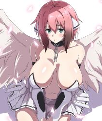  1girl ahoge bare_shoulders black_hair blush breasts breasts_apart center_opening chain collar collarbone dress fe_(umenomiya_tekkousho) feathered_wings gradient_hair green_eyes hair_between_eyes highres ikaros large_breasts looking_at_viewer metal_collar miniskirt multicolored_hair navel parted_lips pink_hair pleated_skirt robot_ears short_hair simple_background sitting skirt solo sora_no_otoshimono stomach white_background white_dress white_skirt white_wings wings 