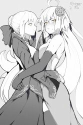 2girls absurdres ahoge arms_around_waist artoria_pendragon_(all) artoria_pendragon_(fate) averting_eyes breasts cheek_pinching cleavage dress english_text fate/grand_order fate/stay_night fate_(series) flower greyscale hair_bun hair_flower hair_ornament highres hug jeanne_d&#039;arc_alter_(fate) large_breasts long_hair looking_at_another looking_to_the_side monochrome multiple_girls pinching revision saber_alter sally_(luna-arts) single_hair_bun smile spot_color sweatdrop very_long_hair yellow_eyes yuri 