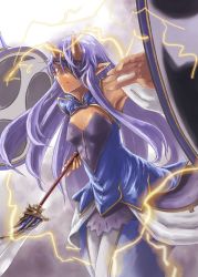  1girl female_focus highres katatuki polearm purple_hair red_eyes smile solo spear standing thunder weapon 