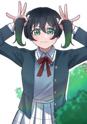 1girl absurdres black_hair black_jacket blush bunching_hair bush closed_mouth collared_shirt commentary_request gradient_hair green_eyes green_hair grey_vest hands_up highres jacket long_sleeves looking_at_viewer love_live! love_live!_nijigasaki_high_school_idol_club medium_hair multicolored_hair neck_ribbon nijigasaki_school_uniform open_clothes open_jacket original over_flow99 plaid plaid_skirt playing_with_own_hair pleated_skirt red_ribbon ribbon school_uniform shirt skirt solo standing takasaki_yu thai_commentary twintails upper_body vest white_shirt white_skirt winter_uniform