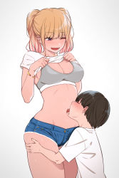 1boy 1girl ;d age_difference blonde_hair blush bra bracelet breasts brown_hair closed_eyes clothes_lift commentary cutoffs denim denim_shorts gradient_background gradient_hair grey_background grey_bra groin hetero highres jewelry kemuri_haku licking licking_navel lifting_own_clothes long_hair medium_breasts micro_shorts multicolored_hair navel necklace one_eye_closed onee-shota open_fly open_mouth original pink_hair purple_eyes shirt shirt_lift short_sleeves shorts shota simple_background smile stomach thighs tongue tongue_out twintails underwear white_shirt wince rating:Questionable score:993 user:danbooru