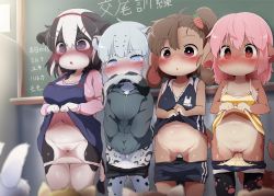  4girls 4others :o animal_ear_fluff animal_ears biting biting_own_tail black_fur black_hair black_thighhighs blue_eyes blush brown_fur brown_hair camisole camisole_lift cardigan carrot_hair_ornament chalkboard classroom closed_mouth clothes_lift clothes_pull covering_crotch covering_privates cow_ears cow_girl cowboy_shot dagashi_(daga2626) day dot_mouth dungarees embarrassed facial_mark fangs fangs_out food-themed_hair_ornament furry furry_female gluteal_fold grey_hoodie hair_between_eyes hair_ornament hairband hairclip hands_in_pockets highres hood hoodie indoors lifting_own_clothes loli medium_hair momo-chan_(dagasi) multicolored_hair multiple_girls multiple_others navel nose_blush original panties panty_pull paw_print paw_print_pattern pink_cardigan pink_hair purple_eyes pussy pussy_juice rabbit_ears rabbit_girl rabbit_tail red_eyes red_hairband saliva sex_ed shirt_lift short_shorts shorts shorts_pull sidelocks striped_camisole tail tail_biting tail_in_mouth tearing_up teeth thighhighs translation_request two-tone_hair uncensored underwear upper_teeth_only whisker_markings white_fur white_hair white_panties yellow_camisole yellow_panties yuki-chan_(dagashi)  rating:Explicit score:478 user:danbooru