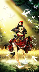  bare_shoulders birds black_hair bloomers choker corset cowboy_western cup curly_hair dice drill_hair elbow_gloves feathers feet genzoman gloves highres original river rose_(the_wanderer) saloon_girl tagme the_wanderer toes twintails underwear wild_west  rating:Sensitive score:14 user:galgo