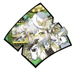  1girl bow enouchi_ai freckles green_eyes grey_hair hat hat_bow highres holding holding_microphone indie_virtual_youtuber jorunnav long_sleeves looking_at_viewer microphone recursion sea_slug_girl second-party_source stadium top_hat upper_body v white_headwear yellow_bow yellow_nails 