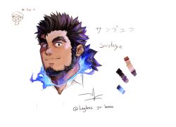  1boy bara beard black_hair blue_fire cropped_head dark-skinned_male dark_skin doodle_inset facial_hair facial_scar fire forked_eyebrows full_beard highres legless_lemonade looking_at_viewer male_focus mature_male sandayu_(housamo) sanpaku scar scar_on_cheek scar_on_face smile solo thick_eyebrows tokyo_houkago_summoners unfinished 