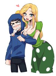  1boy black_hair blonde_hair blue_jacket blush breasts craig_tucker dress embarrassed green_dress hat highres jacket jewelry large_breasts laura_tucker looking_at_viewer mature_female mother_and_son necklace nervous south_park  rating:Sensitive score:10 user:DarkHeart713