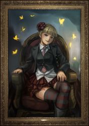  1girl absurdres beatrice_(umineko) blonde_hair blue_eyes bug butterfly chair ekusa_takahito framed hair_ornament highres insect necktie official_art painting_(object) pink_necktie portrait sitting skirt solo striped_clothes striped_thighhighs thighhighs umineko_no_naku_koro_ni vest  rating:Sensitive score:23 user:danbooru