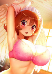  1girl absurdres armpits arms_up bird_girl blush bra breasts cedar_(cedar_japonica) cleavage hair_between_eyes highres indoors ishuzoku_reviewers large_breasts looking_at_viewer meidri monster_girl open_mouth orange_hair red_eyes short_hair solo underwear upper_body wings  rating:Questionable score:105 user:FabricioDias
