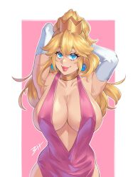  1girl alternate_costume armpits arms_behind_head arms_up blonde_hair blue_eyes breasts cleavage covered_erect_nipples dress gloves high_ponytail isabongos large_breasts legs long_hair looking_at_viewer mario_(series) nintendo pink_dress pink_lips ponytail princess_peach smile solo standing thighs 