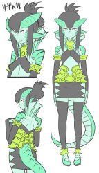  1girl armor armored_dress black_hair breasts bridal_gauntlets character_sheet dragon_girl dragon_horns dragon_tail fins flat_color from_behind half_updo horns matsuda_yuusuke monster_girl nise_maou_rizaberu original pointy_ears scales skirt small_breasts solo tail thighhighs yuusha_to_maou zettai_ryouiki 