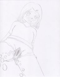  1girl absurdres embarrassed flower from_below hair_flower hair_ornament hairclip highres loli looking_at_viewer looking_down monochrome omocommando peeing peeing_self shirt short_hair short_sleeves shorts sketch standing tears wet wet_clothes wet_shorts  rating:Questionable score:6 user:cpee