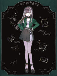 1girl :o adapted_costume ankle_strap black_footwear black_hair blue_eyes blue_garter_straps commentary folded_fan folding_fan full_body gloves green_jacket grey_hair half_gloves hand_fan hand_on_own_hip hand_up highres hololive hololive_dev_is jacket juufuutei_raden long_hair long_sleeves looking_at_viewer multicolored_hair open_mouth sidelocks solo streaked_hair tama_(odi_san_fairy) thigh_strap virtual_youtuber