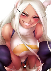  1boy 1girl animal_ears bare_shoulders blush boku_no_hero_academia breasts clothed_female_nude_male cowgirl_position dark-skinned_female dark_skin fur_trim girl_on_top hetero large_breasts leotard long_hair looking_at_viewer mirko nude pov pubic_hair pussy rabbit_ears rabbit_girl red_eyes sex shpo simple_background smile solo_focus straddling thighhighs uncensored vaginal white_background white_hair  rating:Explicit score:240 user:JustHere4Butts