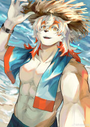  1boy abs absurdres ajunjunjunoh arknights bara beach bracelet chinese_commentary colored_tips commentary_request furry furry_male green_shorts hand_on_headwear hat highres hung_(arknights) jewelry komainu_boy looking_at_viewer male_focus multicolored_hair muscular muscular_male ocean open_mouth orange_eyes shorts smile straw_hat topless_male towel towel_around_neck weibo_logo weibo_watermark 