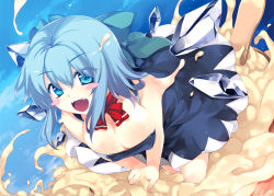 1girl aburidashi_zakuro aged_up alternate_breast_size ascot blue_eyes blue_hair blush_stickers bow breasts cirno cleavage covered_erect_nipples food hair_bow ice ice_cream in_food large_breasts matching_hair/eyes mini_person minigirl scan short_hair solo touhou wings rating:Sensitive score:17 user:danbooru