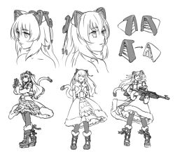  1girl animal_ears arms_behind_back arrow_(symbol) boots cat_ears cat_tail coat cocking_gun corset cropped_shoulders dress floating_hair frilled_dress frills fur-trimmed_boots fur-trimmed_jacket fur_trim greyscale gun handgun holding holding_gun holding_weapon jacket knee_boots long_hair long_sleeves magari_(c0rn3r) mass_production_nora_cat mechanical_ears mechanical_tail monochrome multiple_views nora_cat_channel pantyhose rifle simple_background standing tail weapon 