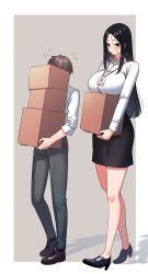 1boy 1girl absurdres black_hair black_pants black_skirt blush box breast_rest breasts brown_hair flying_sweatdrops full_body height_difference highres holding holding_box id_card lanyard large_breasts long_hair original pants shadow shirt simple_background skirt sleeves_rolled_up sungwon tall_female two-tone_background white_shirt rating:Sensitive score:47 user:danbooru