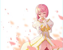  1girl coat dated dress estellise_sidos_heurassein closed_eyes facing_viewer gloves hands_on_own_chest petals pink_hair puyon_(puyon) short_hair signature simple_background solo tales_of_(series) tales_of_vesperia white_background white_coat white_gloves 