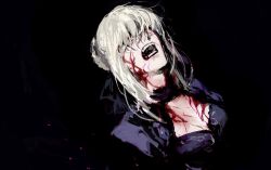  1girl artoria_pendragon_(all) artoria_pendragon_(fate) black_background blonde_hair blood blood_on_face breasts dress facing_up fate/stay_night fate_(series) forzen hair_over_eyes heaven&#039;s_feel medium_breasts open_mouth portrait purple_dress saber_alter screaming short_hair sidelocks simple_background solo 