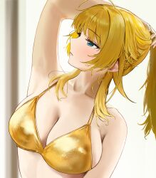  1girl absurdres ahoge arm_up armpits bikini blush breasts cleavage collarbone commentary gold_bikini hachimiya_meguru highres holding holding_hair idolmaster idolmaster_shiny_colors large_breasts long_hair looking_to_the_side pdal_(pdalhhh) ponytail sideboob solo swimsuit upper_body  rating:Sensitive score:7 user:danbooru