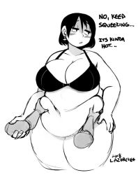  1girl belly belly_grab bikini breasts cleavage disembodied_hand ear_piercing fat huge_breasts lazorchef looking_away monochrome piercing short_hair swimsuit thick_thighs thighs wide_hips 