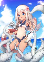 1girl :o absurdres bad_id bad_pixiv_id blonde_hair blue_eyes blue_sky blush breasts cloud commentary_request day feet_out_of_frame flower groin hair_flower hair_ornament highres horizon kantai_collection kiku_(ks5832) korean_commentary leg_up lens_flare lifebuoy long_hair looking_at_viewer navel ocean one-piece_tan open_mouth outdoors ro-500_(kancolle) sailor_collar school_swimsuit sky small_breasts solo sparkle standing standing_on_one_leg stomach swim_ring swimsuit tan tanline tentacles torn_clothes torn_swimsuit torpedo underboob wading water water_drop wet rating:Sensitive score:20 user:danbooru