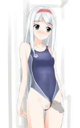 10s 1girl arena_(company) blush clothing_aside competition_swimsuit disembodied_hand embarrassed female_focus female_pubic_hair grey_eyes hair_ornament hairband highres kantai_collection long_hair one-piece_swimsuit pubic_hair pussy shoukaku_(kancolle) silver_hair solo striped striped_background swimsuit swimsuit_aside takafumi thigh_gap uncensored rating:Explicit score:51 user:sytalidis