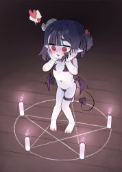 1girl @_@ absurdres asymmetrical_horns barefoot blush c-string candle colored_skin commentary demon_girl demon_horns demon_tail demon_wings detached_wings english_commentary feet flat_chest hands_on_own_face heart highres horns knees_together_feet_apart loli low_wings magic_circle navel original pointy_ears purple_hair red_eyes single_horn solo spoken_heart standing strapless_bottom sweat tail thigh_strap two_side_up white_skin wings wooden_floor yokappa_(jokappa) 