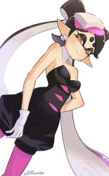  1girl :&gt; absurdres bare_shoulders black_hair black_jumpsuit bow-shaped_hair breasts callie_(splatoon) closed_mouth collar commentary_request cowboy_shot detached_collar earrings gloves gradient_hair half-closed_eyes hand_on_own_hip highres hoop_earrings inkling jewelry jumpsuit long_hair mimimimiguchan mole mole_under_eye multicolored_hair nintendo orange_pupils pantyhose pink_hair pink_pantyhose pointy_ears short_jumpsuit simple_background smile solo splatoon_(series) star-shaped_pupils star_(symbol) swept_bangs symbol-shaped_pupils twintails twitter_username two-tone_hair very_long_hair white_background white_collar white_gloves yellow_eyes 