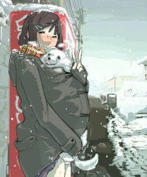 1girl animal animal_in_clothes bestiality black_hair blush breath clothed_sex clothes_lift coat dog glasses hair_ornament hairclip happy_sex heavy_breathing hetero hood hooded_jacket jacket miniskirt nininbaori outdoors public_indecency pussy_juice scarf sex shared_clothes skirt skirt_lift smile snow solo standing stealth stealth_sex steam striped_clothes striped_scarf suspended_congress sweat tongue v vaginal winter_clothes winter_coat xxzero rating:Explicit score:397 user:danbooru