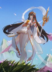  1girl ahoge apsara_(elsword) ara_haan armpits bare_legs barefoot black_hair blue_sky blush breasts cherry_blossoms cloth day detached_sleeves elsword flower grass hair_flower hair_ornament hair_ribbon holding holding_polearm holding_weapon long_hair looking_at_viewer medium_breasts mountain open_mouth outdoors panties pantyshot polearm polearm_behind_back purple_flower recycle red_ribbon ribbon sideboob skirt sky solo spear standing tassel underwear very_long_hair weapon white_flower white_panties yellow_eyes 