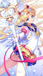  1girl bishoujo_senshi_sailor_moon bishoujo_senshi_sailor_moon_sailor_stars blonde_hair blue_background blue_sailor_collar brooch commentary_request crescent crescent_facial_mark double_bun eternal_sailor_moon eternal_tiare facial_mark forehead_mark gloves gradient_background hair_bun heart heart_brooch highres holding holding_staff jewelry long_hair looking_at_viewer magical_girl multicolored_clothes multicolored_skirt nardack sailor_collar sailor_moon sailor_senshi_uniform skirt solo staff thighs tsukino_usagi twintails very_long_hair white_background white_gloves wing_brooch 