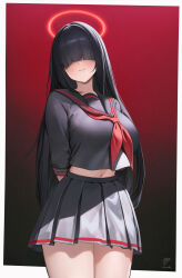 1girl absurdres alternate_breast_size arched_bangs arms_behind_back black_hair black_sailor_collar black_serafuku black_skirt bladetea blue_archive blunt_bangs breasts closed_mouth cropped_shirt hair_over_eyes halo highres justice_task_force_member_(blue_archive) large_breasts long_hair long_sleeves midriff navel neckerchief pleated_skirt red_halo red_neckerchief sailor_collar school_uniform serafuku skirt solo