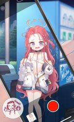 1girl 1other doodle_sensei_(blue_archive) bikini bikini_under_clothes blue_archive blue_eyes breasts cellphone coat collar exhibitionism forehead halo highres holding holding_phone jokebag leash loli long_hair micro_bikini navel no_pants off_shoulder open_clothes open_coat open_mouth outdoors phone public_indecency red_hair sensei_(blue_archive) small_breasts smartphone swimsuit taking_picture tears vending_machine white_bikini white_coat yuzu_(blue_archive) rating:Sensitive score:138 user:danbooru