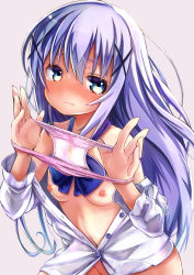  1girl blue_eyes blue_hair bottomless breasts gochuumon_wa_usagi_desu_ka? groin hair_ornament hairclip hamuta0404 highres holding holding_clothes holding_panties holding_underwear kafuu_chino kouta_(hamuta0404) long_hair matching_hair/eyes navel nipples no_bra off_shoulder open_clothes open_shirt out-of-frame_censoring panties unworn_panties pee_stain pink_panties polka_dot polka_dot_panties presenting_removed_panties religious_offering shirt small_breasts solo tears unbuttoned underwear upper_body 