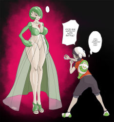  1boy 1girl breasts brendan_(pokemon) chest_spike creatures_(company) curvy english_text femdom game_freak gardevoir gen_3_pokemon hair_over_one_eye hand_on_own_hip heels height_difference high_heels large_breasts long_legs looking_down monster_girl nintendo poke_ball pokemon pokemon_(creature) pokemon_oras sequential short_hair simple_background size_difference text_focus thick_thighs thighs thought_bubble wide_hips  rating:Questionable score:47 user:fapisjustice