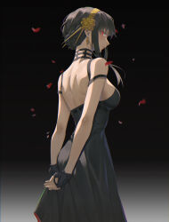  1girl absurdres arms_behind_back artist_name backless_dress backless_outfit bare_shoulders black_dress black_gloves black_hair breasts closed_mouth cowboy_shot dress earrings falling_petals fingerless_gloves gloves gold_earrings gold_hairband gradient_background hairband highres izei1337 jewelry large_breasts looking_at_viewer motion_blur petals profile red_eyes rose_petals short_hair short_hair_with_long_locks sidelocks sideways_glance sleeveless sleeveless_dress smile solo spy_x_family standing yor_briar 