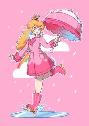 1girl blonde_hair blue_eyes boots coat commentary crown earrings english_commentary high_heel_boots high_heels highres holding holding_umbrella jewelry long_hair mario_(series) nintendo pink_background pink_coat pink_footwear pink_lips princess_peach puddle rubber_boots saiwo_(saiwoproject) simple_background sleeves_past_wrists smile solo sphere_earrings teeth umbrella 