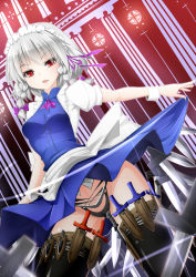 1girl ascot bad_id bad_pixiv_id braid cameltoe embodiment_of_scarlet_devil female_focus hair_ribbon highres holster inu3 izayoi_sakuya knife magic_circle maid maid_headdress red_eyes ribbon solo symbol-shaped_pupils thigh_holster thighhighs throwing_knife too_many touhou twin_braids weapon wind wind_lift rating:Questionable score:15 user:danbooru
