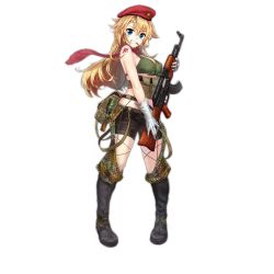  1girl ak-47 ak-47_(girls&#039;_frontline) assault_rifle beret blonde_hair blue_eyes boots bullet explosive full_body girls&#039;_frontline gloves glycyrrhizae grenade gun hammer_and_sickle hat kalashnikov_rifle looking_at_viewer magazine_(weapon) mouth_hold official_art rifle scarf shorts solo tattoo transparent_background weapon 