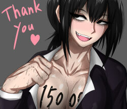 1girl black_eyes black_hair body_writing breasts cleavage collarbone fangs freckles grey_background large_breasts long_hair looking_to_the_side marker medium_breasts muscular muscular_female neck open_mouth original presenting sharp_teeth smile solo teeth thank_you tongue writing writing_on_breasts zokusuke