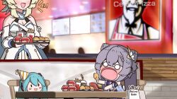 2girls :o aqua_hair artist_name bag blonde_hair blush_stickers burger celinepizza character_doll chibi chicken_(food) cone_hair_bun cup disposable_cup double_bun food french_fries fried_chicken genshin_impact hair_bun hatsune_miku head_out_of_frame highres holding holding_tray indoors keqing_(genshin_impact) kfc long_hair lumine_(genshin_impact) multiple_girls o_o photo-referenced purple_hair restaurant sitting table tote_bag tray twintails vocaloid 