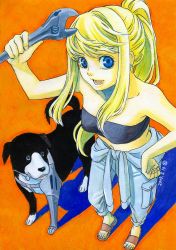  00s 1girl animal bare_shoulders blonde_hair blue_eyes breasts den_(fma) dog earrings feet female_focus from_above fullmetal_alchemist hand_on_own_hip hip_focus jewelry long_hair looking_at_viewer open_mouth pet ponytail prosthesis sandals shadiw simple_background smile standing strapless tail toes tube_top winry_rockbell wrench  rating:Sensitive score:10 user:Kentabarou