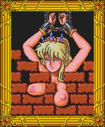  1girl artemis_(phelios) bdsm black_background blonde_hair blue_eyes bondage bound breasts brick_wall collarbone cuffs hairband handcuffs large_breasts long_hair looking_at_viewer nipples nude parted_lips phelios_(game) pixel_art saiwai_hiroshi standing tears teeth upper_body wall  rating:Questionable score:48 user:cpee