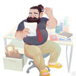  1boy alternate_universe bag beard beard_over_mouth belly black_hair book brown_pants chair contemporary desk dungeon_meshi facial_hair fat fat_man flip-flops full_body grey_shirt handbag high_ponytail holding holding_paper holding_pen long_beard looking_at_object male_focus mature_male mouse_(computer) muratapo necktie office_chair pants paper pen red_necktie sandals scratching_head senshi_(dungeon_meshi) shirt short_sleeves signature sitting solo swivel_chair thick_mustache white_background 