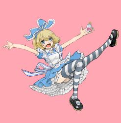 1girl :d alice_(alice_in_wonderland) alice_(alice_in_wonderland)_(cosplay) alice_in_wonderland apron banira_(oocooocooocoo) blonde_hair blue_dress blue_eyes blue_ribbon bottle bottomless bow commentary cosplay dress emblem fang floating footwear_bow frilled_apron frilled_ribbon frills full_body girls_und_panzer grey_thighhighs hair_ribbon highres holding holding_bottle katyusha_(girls_und_panzer) leg_up looking_at_viewer maid_apron mary_janes open_mouth outstretched_arms petticoat pink_background puffy_short_sleeves puffy_sleeves ribbon shoes short_dress short_hair short_sleeves simple_background smile solo spread_arms striped_clothes striped_thighhighs thighhighs white_apron rating:Sensitive score:11 user:danbooru